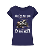 Ein Bikerin T-Shirt für Motorradfahrerinnen, von Wingbikers, mit dem Aufdruck, Scheiß auf den Prinzen, ich nehm' den Biker - im vintage Stil, in navy blau, leger geschnitten.