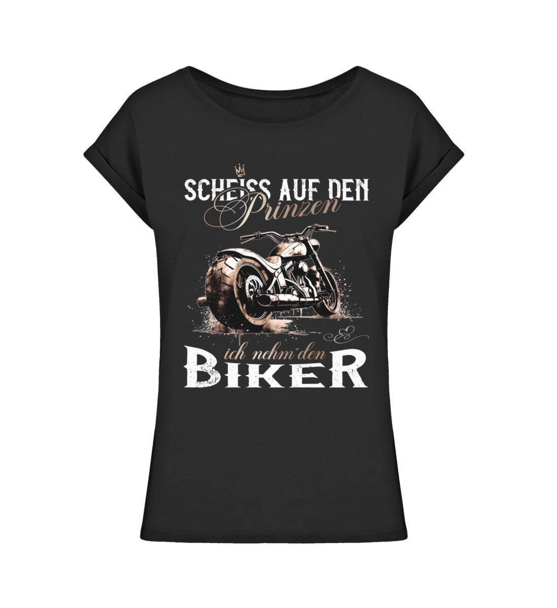 Ein Bikerin T-Shirt für Motorradfahrerinnen, von Wingbikers, mit dem Aufdruck, Scheiß auf den Prinzen, ich nehm' den Biker - im vintage Stil, in schwarz, leger geschnitten.