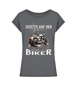 Ein Bikerin T-Shirt für Motorradfahrerinnen, von Wingbikers, mit dem Aufdruck, Scheiß auf den Prinzen, ich nehm' den Biker - im vintage Stil, in dunkelgrau, leger geschnitten.