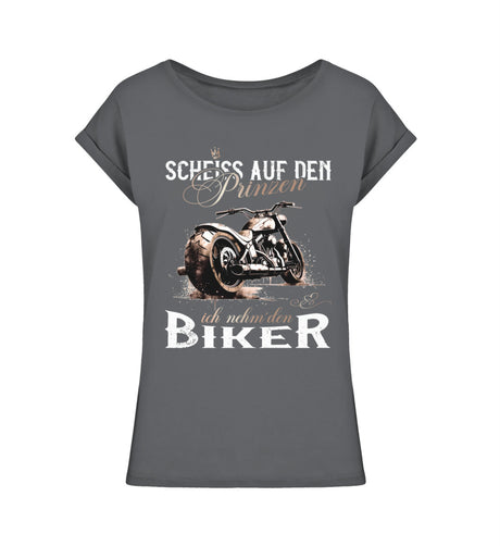 Ein Bikerin T-Shirt für Motorradfahrerinnen, von Wingbikers, mit dem Aufdruck, Scheiß auf den Prinzen, ich nehm' den Biker - im vintage Stil, in dunkelgrau, leger geschnitten.