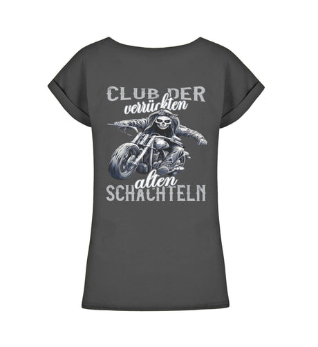 Ein Bikerin T-Shirt für Motorradfahrerinnen von Wingbikers mit dem Aufdruck, Club der verrückten alten Schachteln - mit Back Print, leger geschnitten, in schwarz.