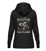 Ein Damen Hoodie von Wingbikers für Motorradfahrerinnen mit dem Aufdruck, Das beste Mittel gegen Stress hat 2 Räder, in schwarz.