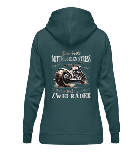 Ein Damen Hoodie von Wingbikers für Motorradfahrerinnen mit dem Aufdruck, Das beste Mittel gegen Stress hat 2 Räder, in petrol türkis.