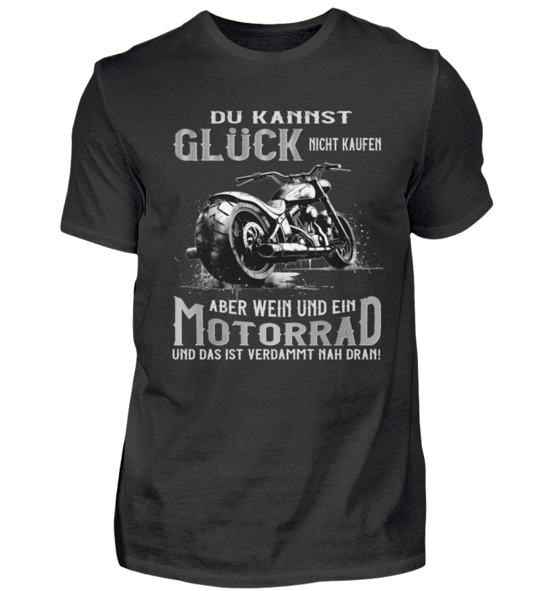 Ein Biker T-Shirt für Motorradfahrer von Wingbikers mit dem Aufdruck, Du kannst Glück nicht kaufen, aber Wein und ein Motorrad und das ist verdammt nah dran! - in schwarz.
