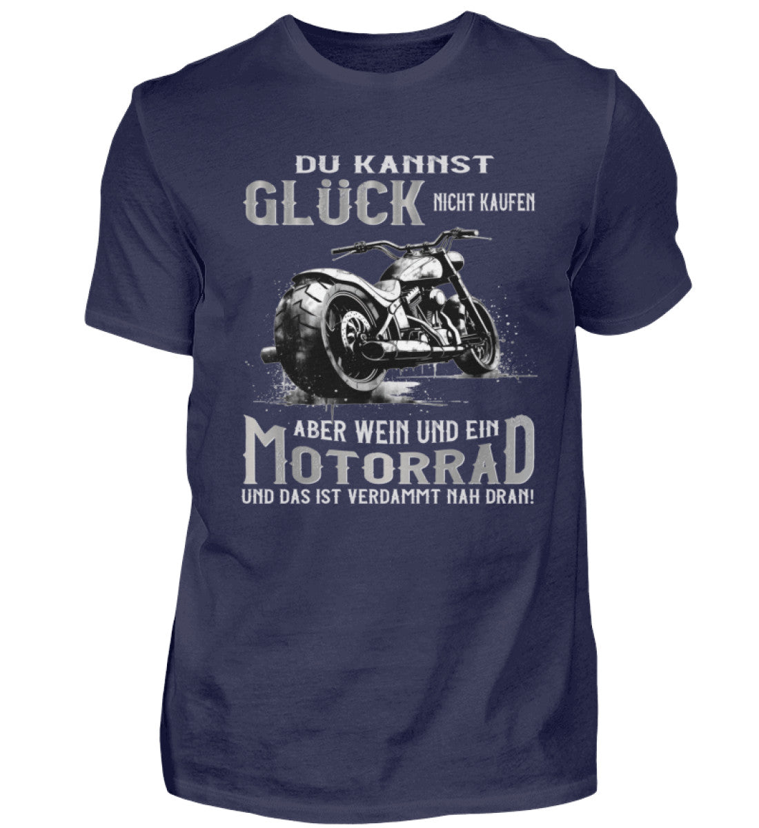 Ein Biker T-Shirt für Motorradfahrer von Wingbikers mit dem Aufdruck, Du kannst Glück nicht kaufen, aber Wein und ein Motorrad und das ist verdammt nah dran! - in navy blau.