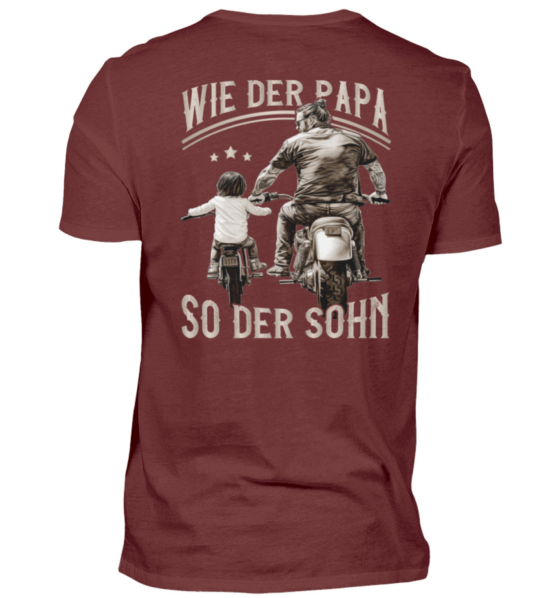 Ein T-Shirt für Motorradfahrende Väter von Wingbikers mit dem Aufdruck, Wie der Papa, so der Sohn, als Back Print - in weinrot.