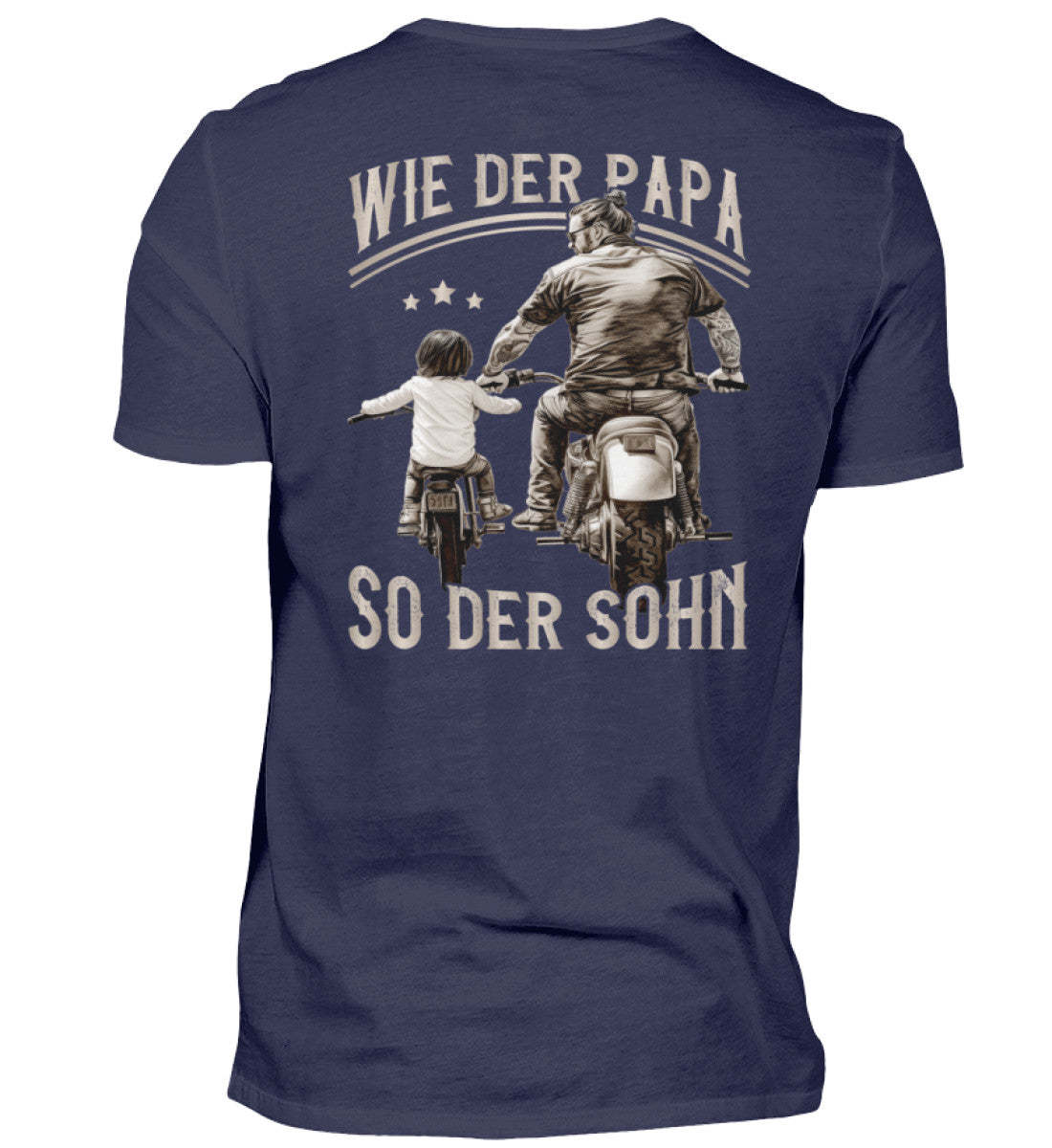 Ein T-Shirt für Motorradfahrende Väter von Wingbikers mit dem Aufdruck, Wie der Papa, so der Sohn, als Back Print - in navy blau.