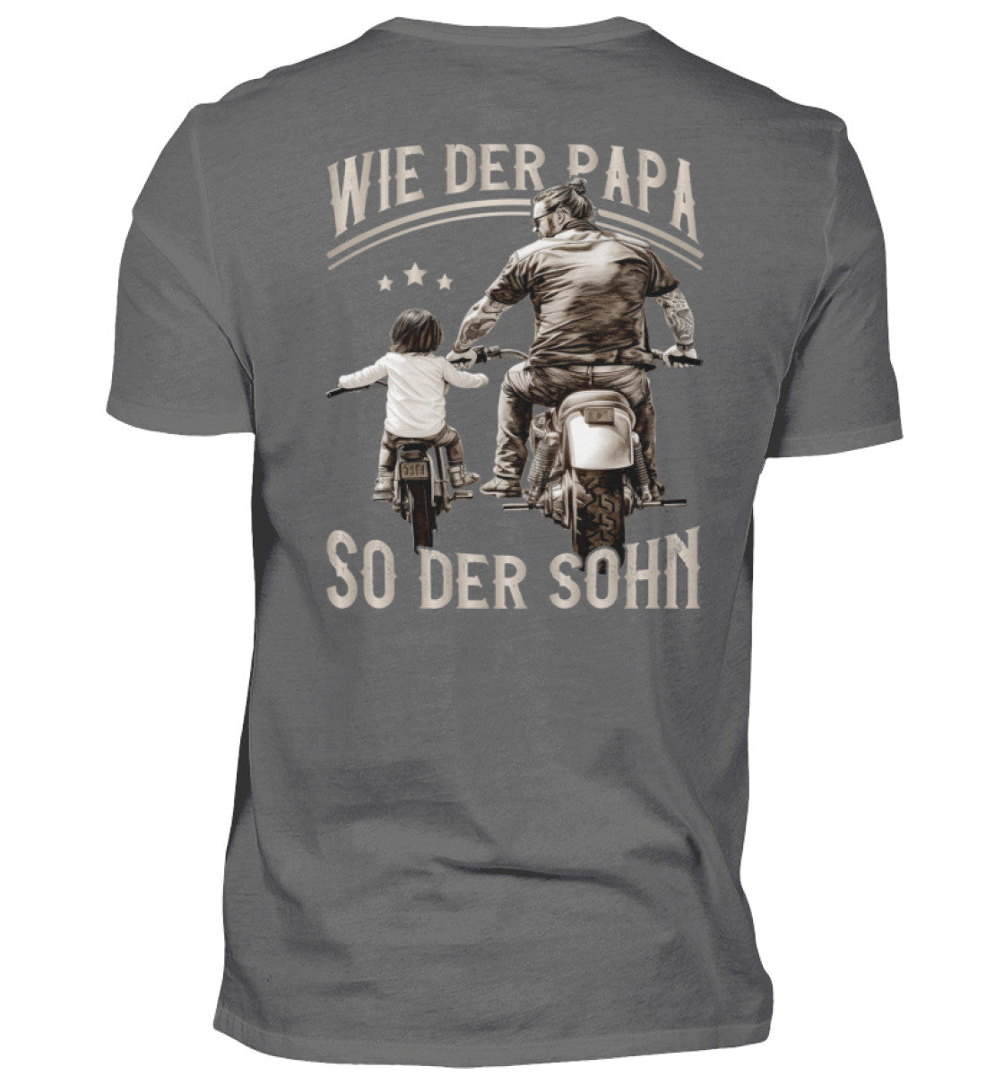 Ein T-Shirt für Motorradfahrende Väter von Wingbikers mit dem Aufdruck, Wie der Papa, so der Sohn, als Back Print - in grau.