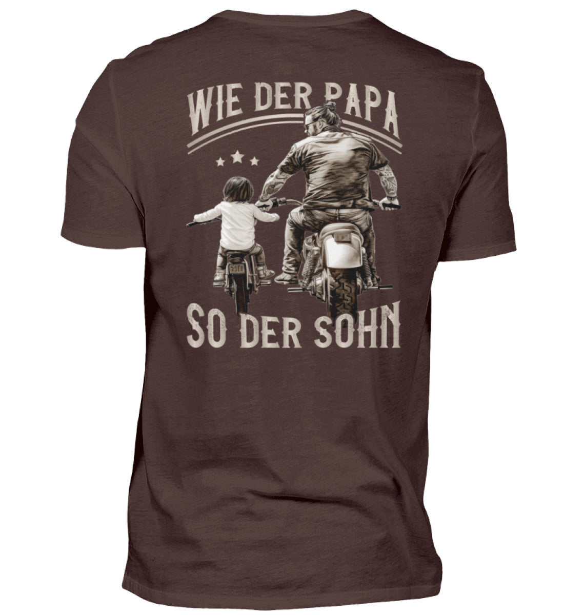 Ein T-Shirt für Motorradfahrende Väter von Wingbikers mit dem Aufdruck, Wie der Papa, so der Sohn, als Back Print - in braun.