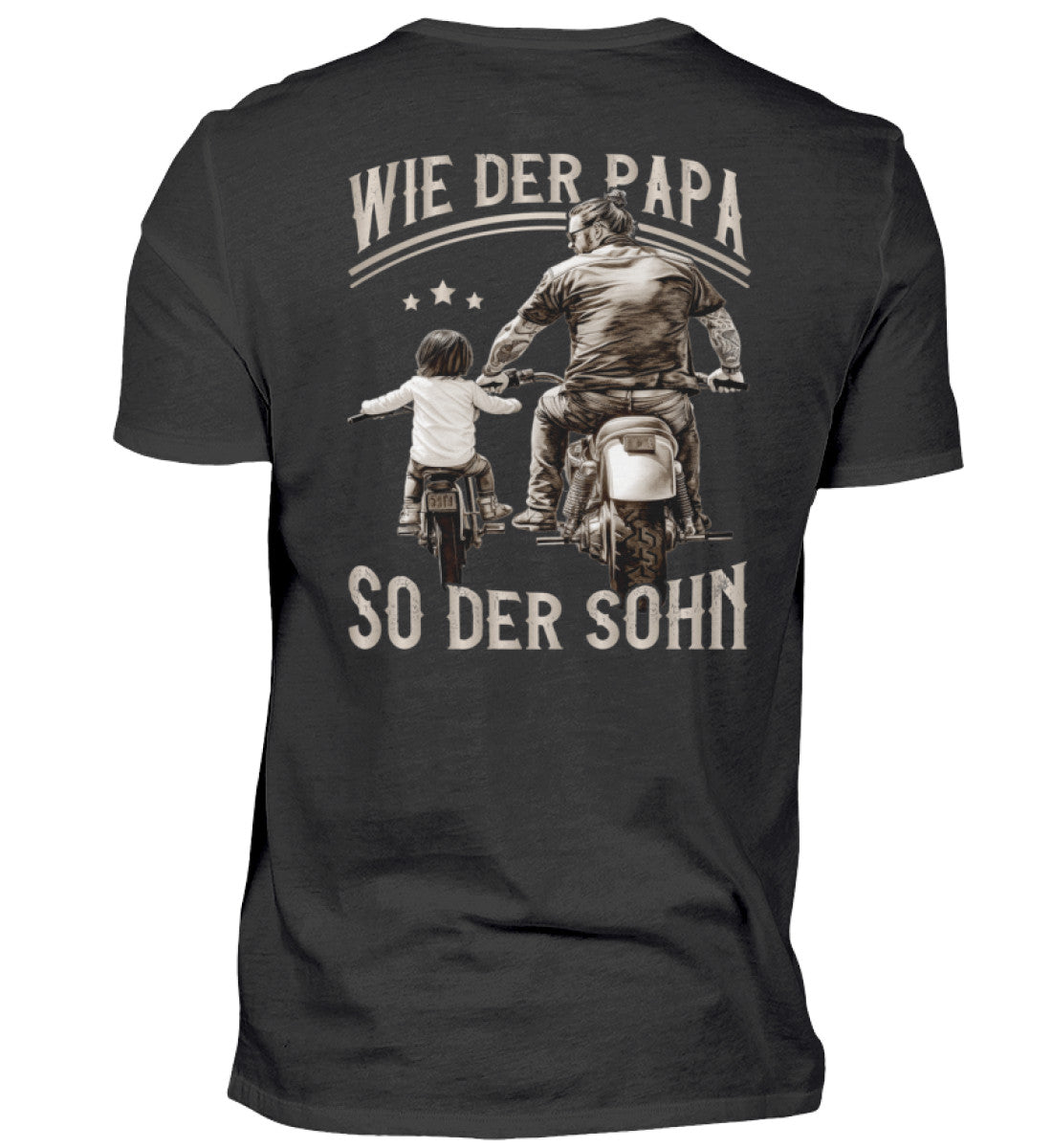 Ein T-Shirt für Motorradfahrende Väter von Wingbikers mit dem Aufdruck, Wie der Papa, so der Sohn, als Back Print - in schwarz.