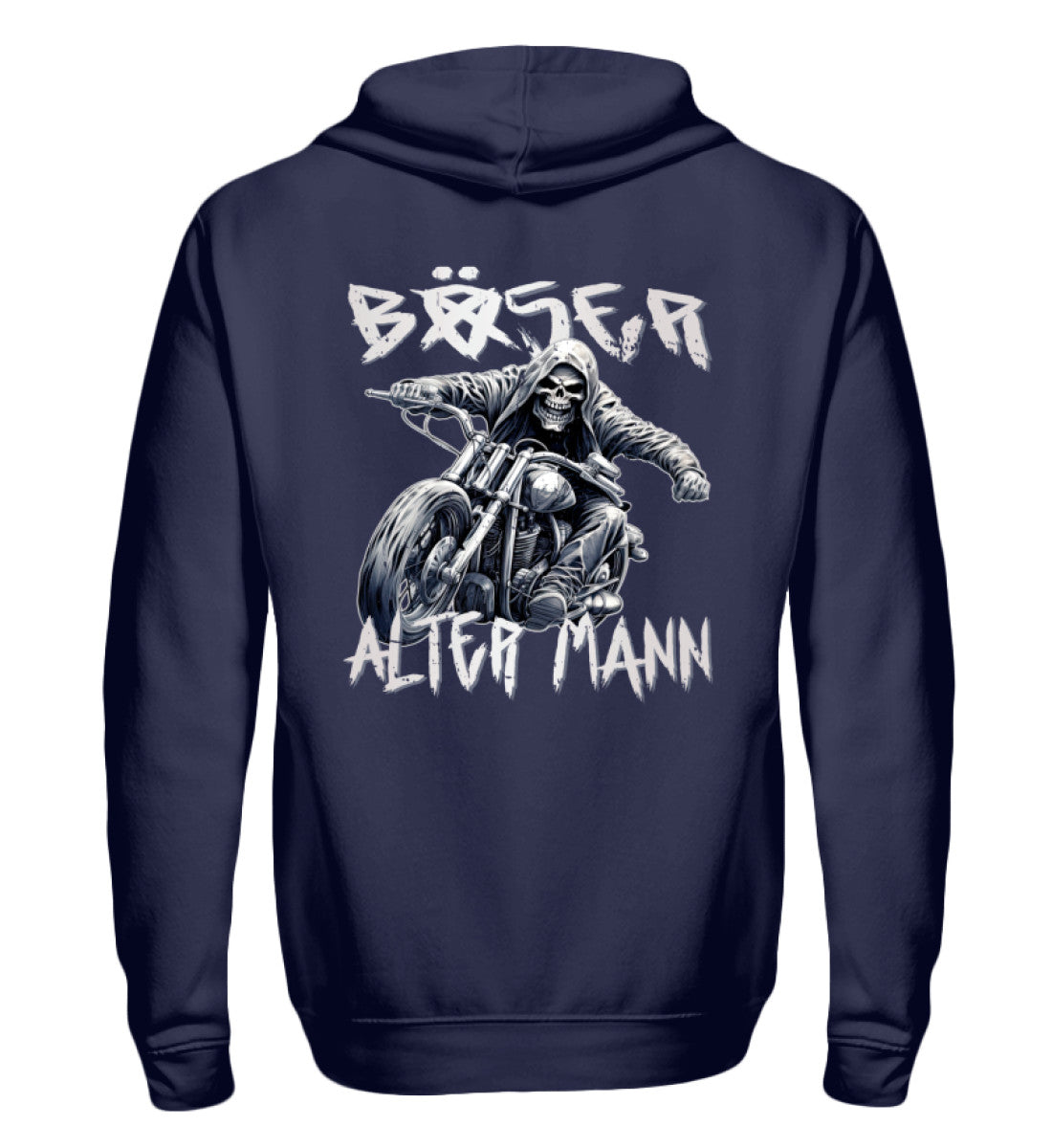 Ein Zip-Hoodie von Wingbikers für Motorradfahrer mit dem Aufdruck, Böser alter Mann, in navy blau.