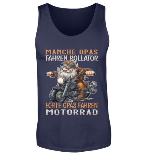 Ein Tanktop für Motorradfahrer von Wingbikers mit dem Aufdruck, Manche Opas fahren Rollator - Echte Opas fahren Motorrad, in navy blau.