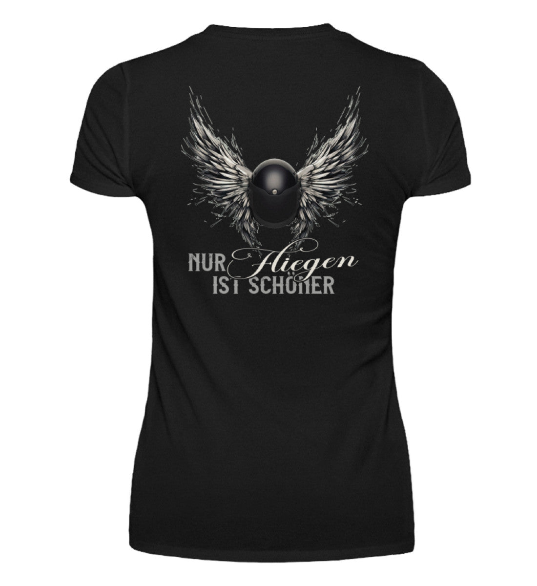 Ein T-Shirt mit V-Ausschnitt für Motorradfahrerinnen von Wingbikers mit dem Aufdruck, Nur fliegen ist schöner - mit Flügeln am Motorradhelm, als Backprint in schwarz.