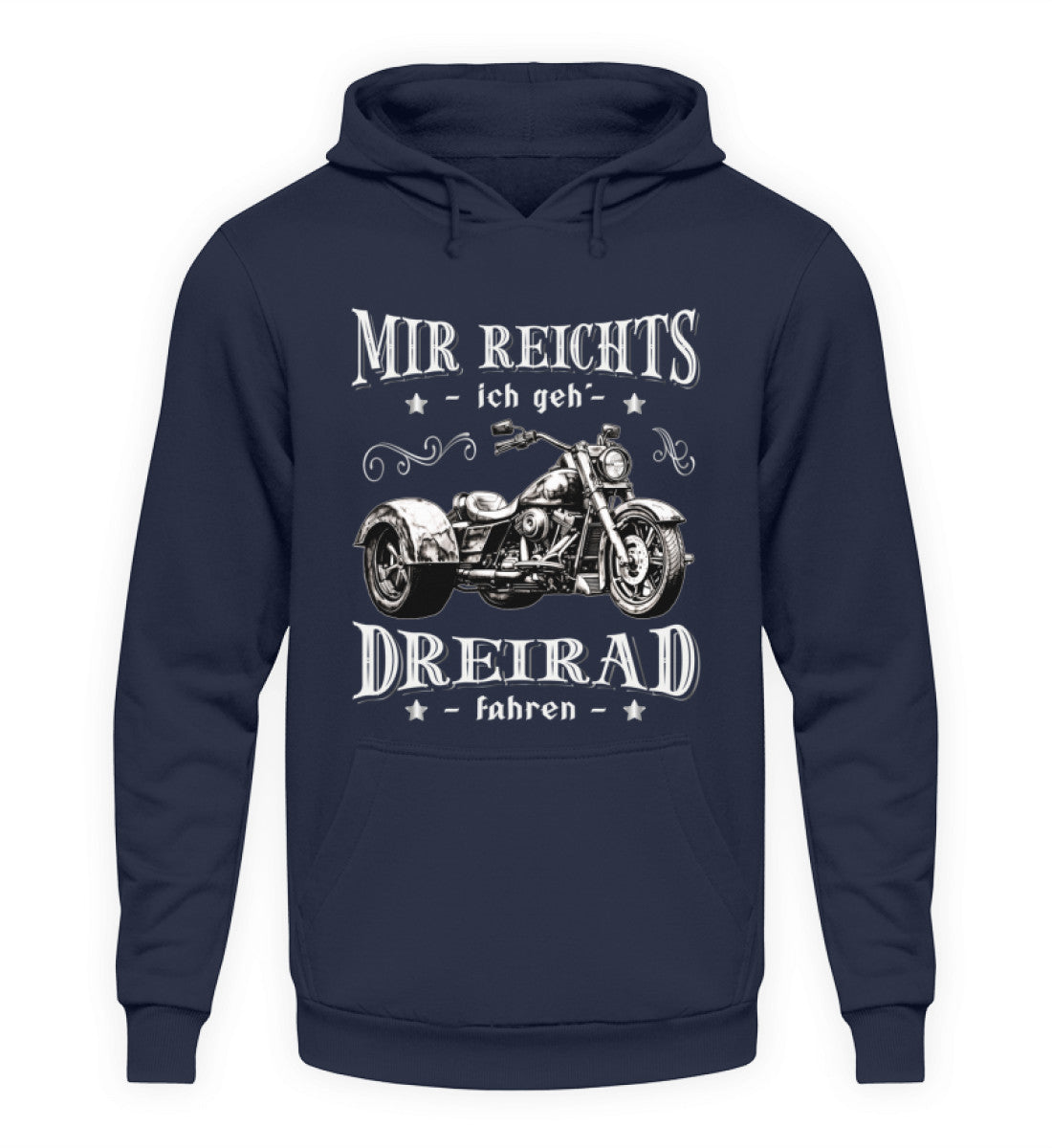 Ein Triker Hoodie für Trikefahrer von Wingbikers mit dem Aufdruck, Mir reichts, ich geh´ Dreirad fahren, in navy blau.