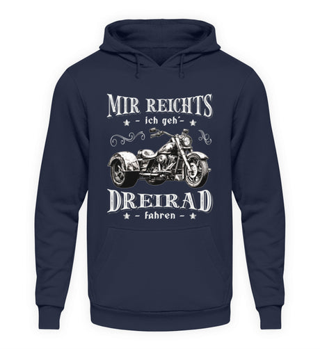 Ein Triker Hoodie für Trikefahrer von Wingbikers mit dem Aufdruck, Mir reichts, ich geh´ Dreirad fahren, in navy blau.