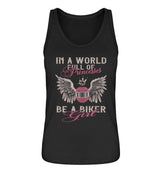 Ein Tanktop für Motorradfahrerinnen von Wingbikers mit dem Aufdruck, In A World Full Of Princesses - Be A Biker Girl, in schwarz.