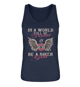 Ein Tanktop für Motorradfahrerinnen von Wingbikers mit dem Aufdruck, In A World Full Of Princesses - Be A Biker Girl, in navy blau.