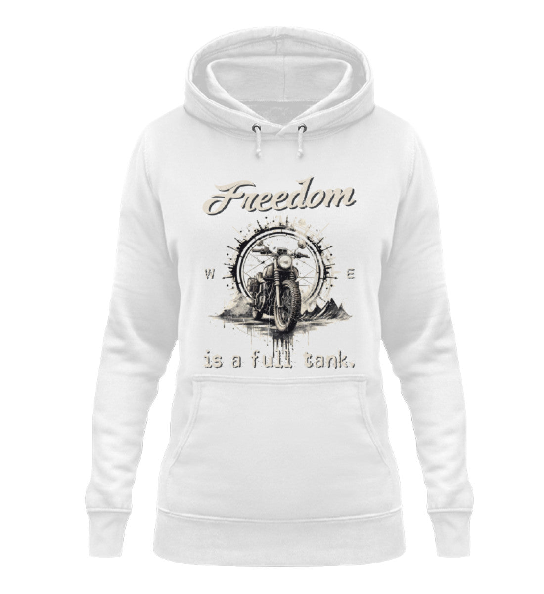 Ein Damen Hoodie für Motorradfahrerinnen von Wingbikers mit dem Aufdruck, Freedom Is A Full Tank - Freiheit ist ein voller Tank - mit einem Retro Vintage klassischem Motorrad, in weiß.