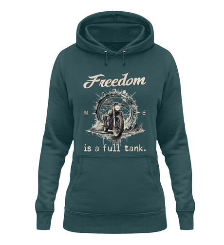 Ein Damen Hoodie für Motorradfahrerinnen von Wingbikers mit dem Aufdruck, Freedom Is A Full Tank - Freiheit ist ein voller Tank - mit einem Retro Vintage klassischem Motorrad, in petrol türkis.