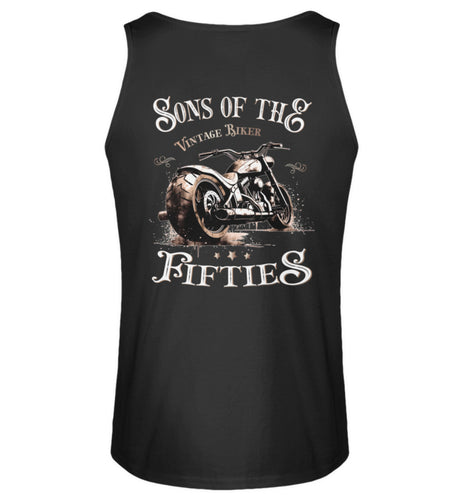 Ein Tanktop für Motorradfahrer von Wingbikers mit dem Aufdruck, Sons of the Fifties - Vintage Biker - mit Back Print, in schwarz.