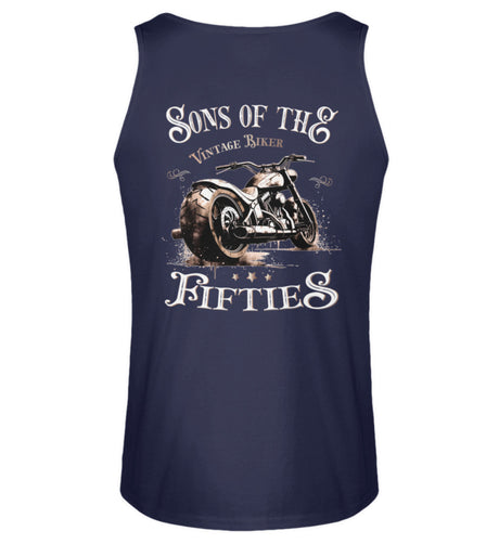 Ein Tanktop für Motorradfahrer von Wingbikers mit dem Aufdruck, Sons of the Fifties - Vintage Biker - mit Back Print, in navy blau.