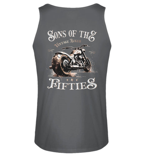 Ein Tanktop für Motorradfahrer von Wingbikers mit dem Aufdruck, Sons of the Fifties - Vintage Biker - mit Back Print, in dunkelgrau.