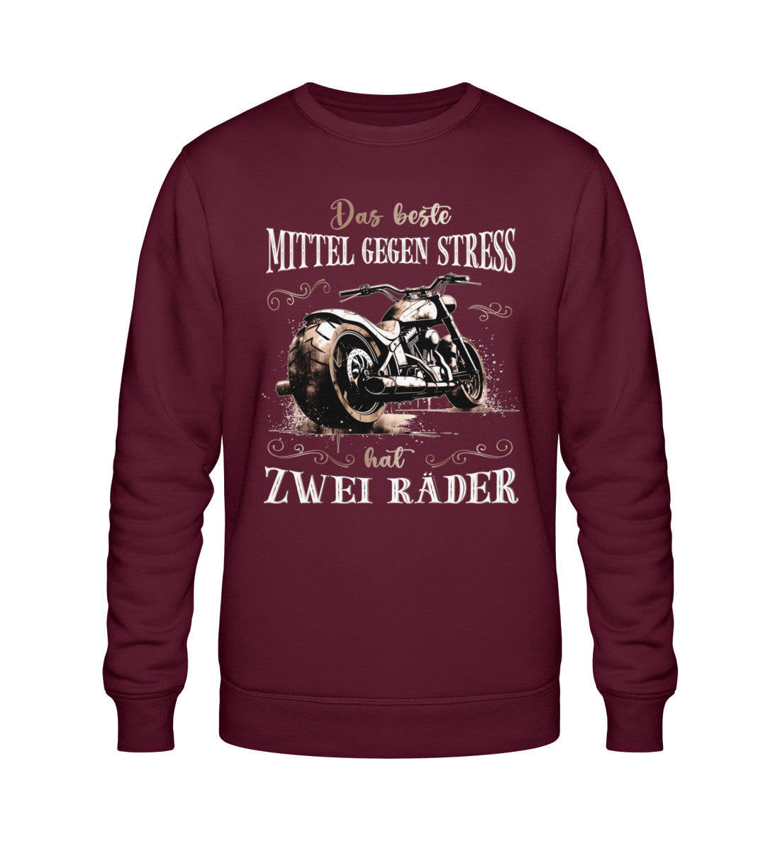 Ein Sweatshirt für Motorradfahrerinnen von Wingbikers mit dem Aufdruck, Das beste Mittel gegen Stress hat 2 Räder, in burgunder weinrot.