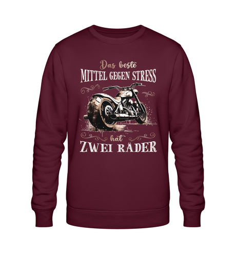 Ein Sweatshirt für Motorradfahrerinnen von Wingbikers mit dem Aufdruck, Das beste Mittel gegen Stress hat 2 Räder, in burgunder weinrot.