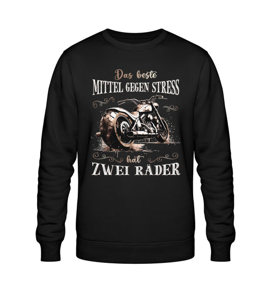 Ein Sweatshirt für Motorradfahrerinnen von Wingbikers mit dem Aufdruck, Das beste Mittel gegen Stress hat 2 Räder, in schwarz.