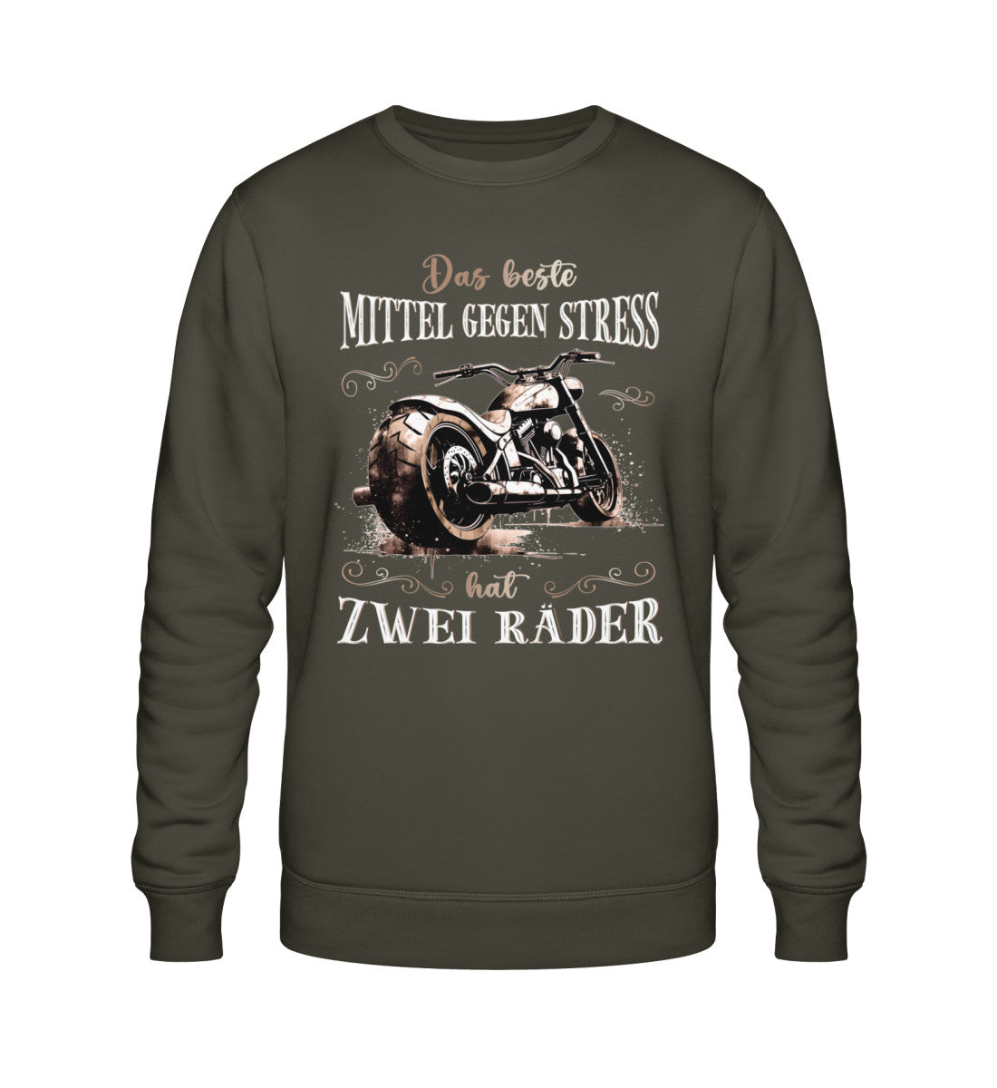 Ein Sweatshirt für Motorradfahrerinnen von Wingbikers mit dem Aufdruck, Das beste Mittel gegen Stress hat 2 Räder, in khaki grün.