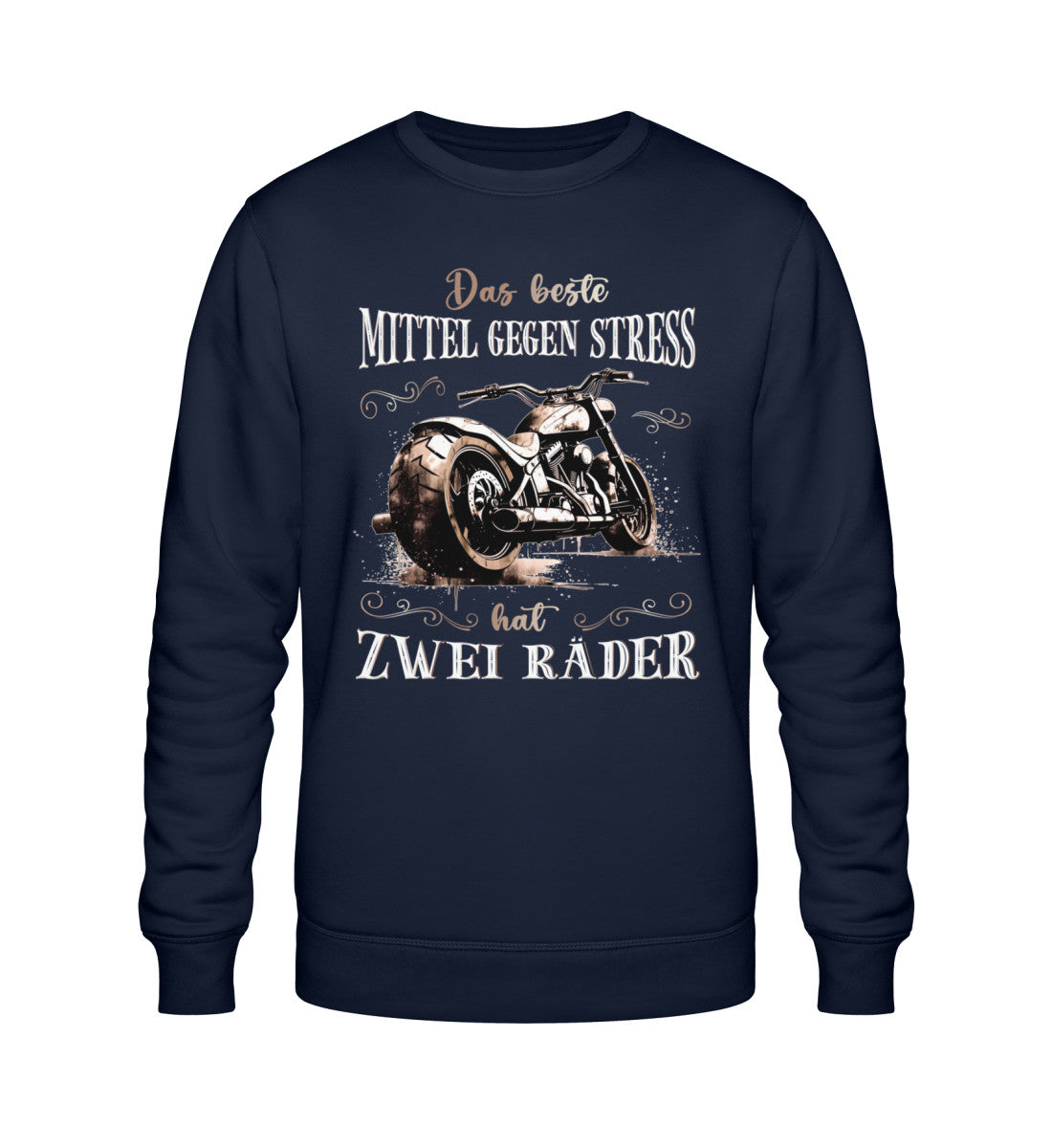 Ein Sweatshirt für Motorradfahrerinnen von Wingbikers mit dem Aufdruck, Das beste Mittel gegen Stress hat 2 Räder, in navy blau.