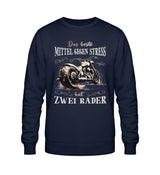 Ein Sweatshirt für Motorradfahrerinnen von Wingbikers mit dem Aufdruck, Das beste Mittel gegen Stress hat 2 Räder, in navy blau.