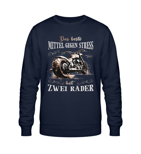 Ein Sweatshirt für Motorradfahrerinnen von Wingbikers mit dem Aufdruck, Das beste Mittel gegen Stress hat 2 Räder, in navy blau.