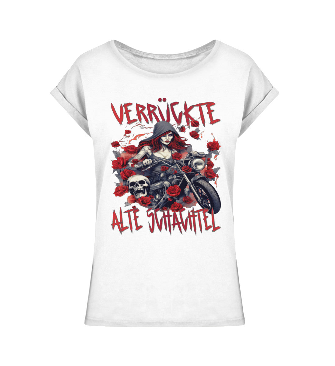 Ein T-Shirt für Motorradfahrerinnen von Wingbikers mit dem Aufdruck, Verrückte alte Schachtel, leger geschnitten, in weiß.