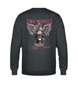 Ein Sweatshirt für Motorradfahrerinnen von Wingbikers mit dem Aufdruck, Two Wheels Move My Soul, in dunkelgrau.