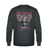 Ein Sweatshirt für Motorradfahrerinnen von Wingbikers mit dem Aufdruck, Two Wheels Move My Soul, in dunkelgrau.