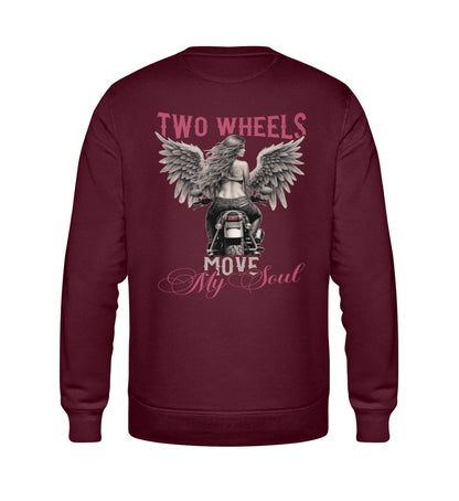 Ein Sweatshirt für Motorradfahrerinnen von Wingbikers mit dem Aufdruck, Two Wheels Move My Soul, in burgunder weinrot.