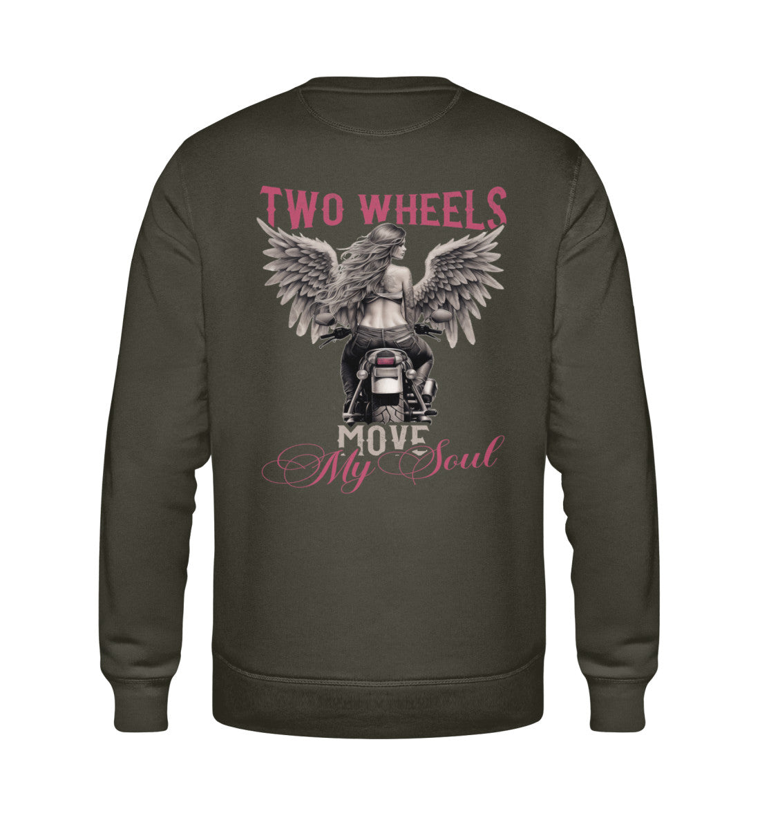 Ein Sweatshirt für Motorradfahrerinnen von Wingbikers mit dem Aufdruck, Two Wheels Move My Soul, in khaki grün.