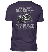 Ein Biker T-Shirt für Motorradfahrer von Wingbikers mit dem Aufdruck, Du kannst Glück nicht kaufen, aber Wein und ein Motorrad und das ist verdammt nah dran! - in aubergine lila, als Back Print. 