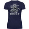 Ein Bikerin T-Shirt mit V-Ausschnitt für Motorradfahrerinnen von Wingbikers mit dem Aufdruck, Die Schöne und ihr Biest - mit Back Print, in navy blau.