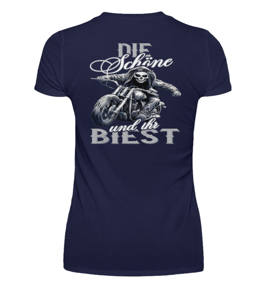 Ein Bikerin T-Shirt mit V-Ausschnitt für Motorradfahrerinnen von Wingbikers mit dem Aufdruck, Die Schöne und ihr Biest - mit Back Print, in navy blau.