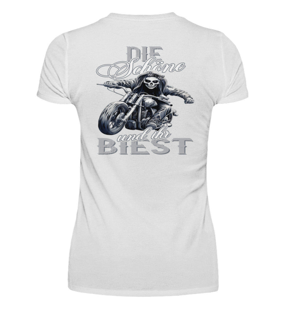 Ein Bikerin T-Shirt mit V-Ausschnitt für Motorradfahrerinnen von Wingbikers mit dem Aufdruck, Die Schöne und ihr Biest - mit Back Print, in weiß.