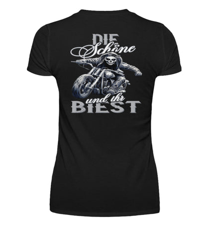 Ein Bikerin T-Shirt mit V-Ausschnitt für Motorradfahrerinnen von Wingbikers mit dem Aufdruck, Die Schöne und ihr Biest - mit Back Print, in schwarz.