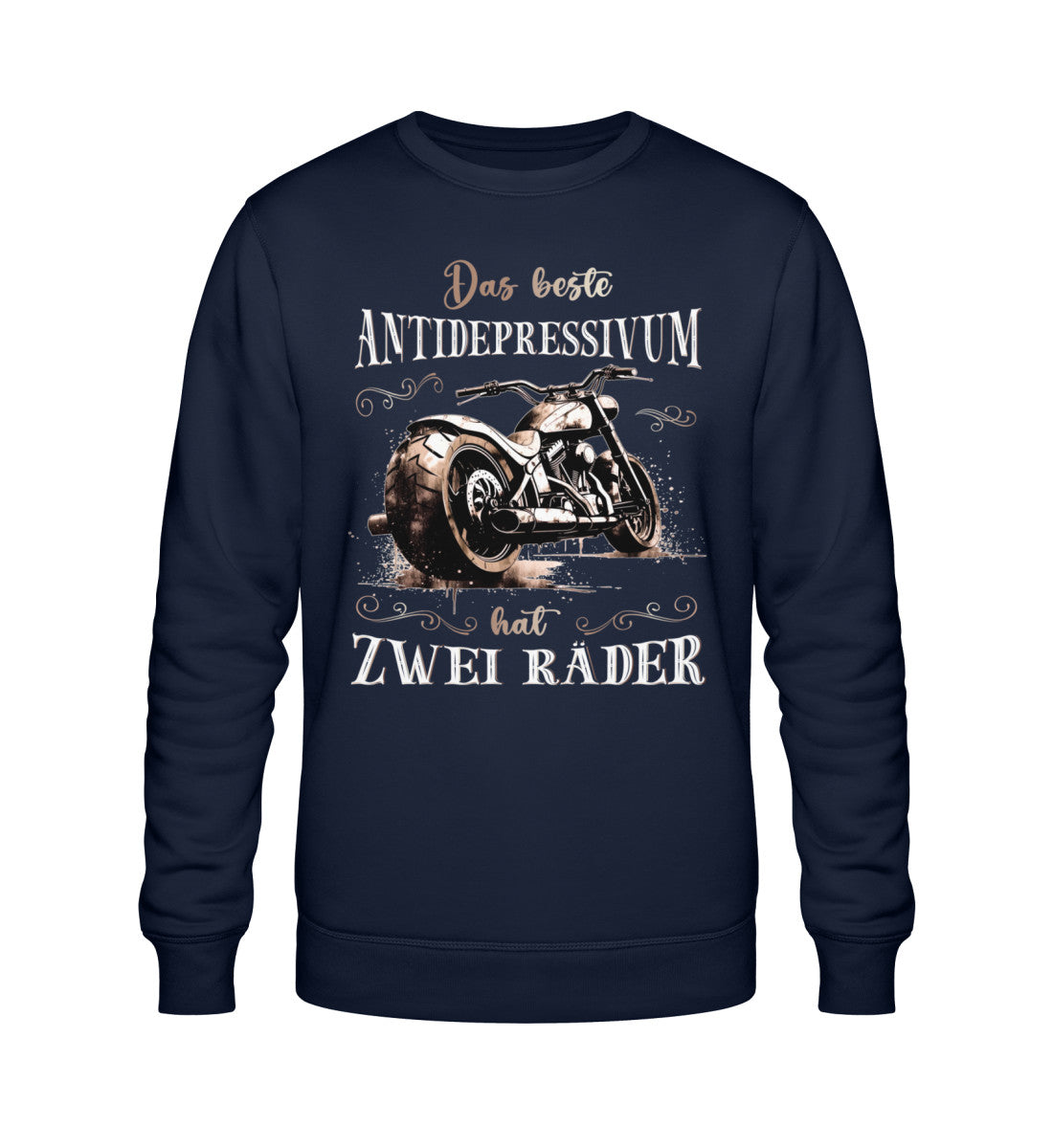 Ein Sweatshirt für Motorradfahrer von Wingbikers mit dem Aufdruck, Das beste Antidepressivum hat zwei Räder, in navy blau.