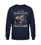 Ein Sweatshirt für Motorradfahrer von Wingbikers mit dem Aufdruck, Das beste Antidepressivum hat zwei Räder, in navy blau.