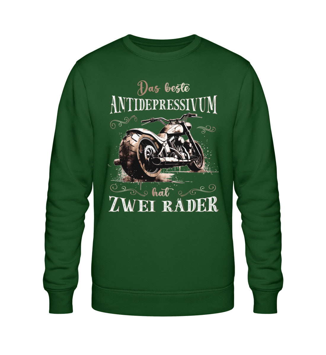 Ein Sweatshirt für Motorradfahrer von Wingbikers mit dem Aufdruck, Das beste Antidepressivum hat zwei Räder, in dunkelgrün.