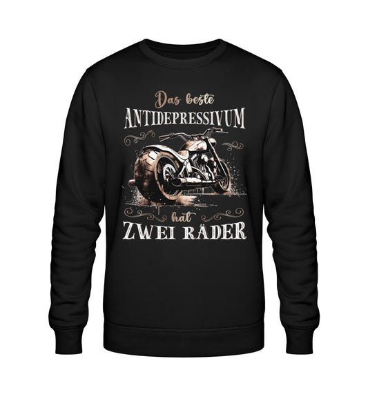 Ein Sweatshirt für Motorradfahrer von Wingbikers mit dem Aufdruck, Das beste Antidepressivum hat zwei Räder, in schwarz.