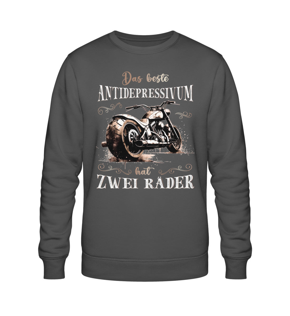 Ein Sweatshirt für Motorradfahrer von Wingbikers mit dem Aufdruck, Das beste Antidepressivum hat zwei Räder, in dunkelgrau.