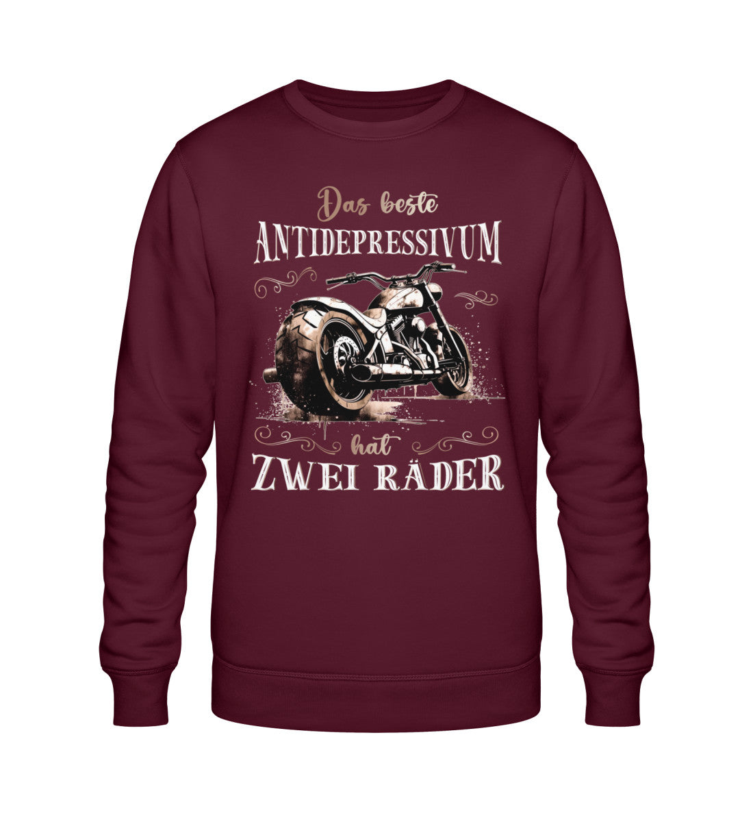 Ein Sweatshirt für Motorradfahrer von Wingbikers mit dem Aufdruck, Das beste Antidepressivum hat zwei Räder, in burgunder weinrot.