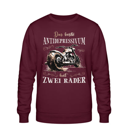 Ein Sweatshirt für Motorradfahrer von Wingbikers mit dem Aufdruck, Das beste Antidepressivum hat zwei Räder, in burgunder weinrot.